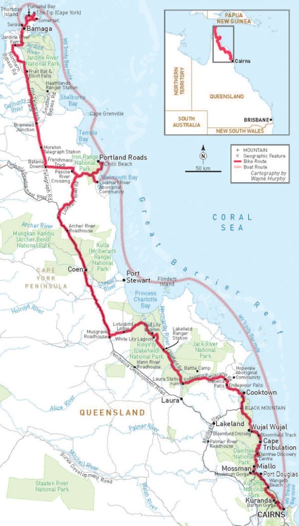 Cairns to Cape York, 1,600km by bike. Map by Wayne Murphy.